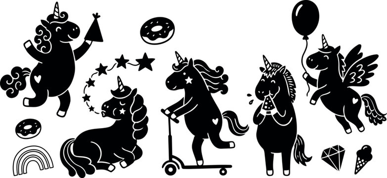 Playful black silhouette unicorns celebrating with party hat riding scooter holding balloon and eating cake vector art set