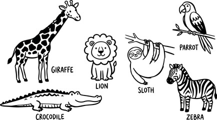 Fototapeta premium Black and white vector art of smiling giraffe sitting lion hanging sloth perched parrot and standing zebra with crocodile