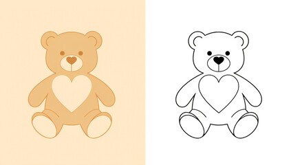 Fototapeta premium A charming illustration of a teddy bear with a heart on its chest, shown in both colored and outlined versions.
