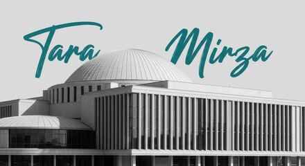 Obraz premium A large building with a dome roof and vertical columns on the side, tara mirza written in teal cursive font