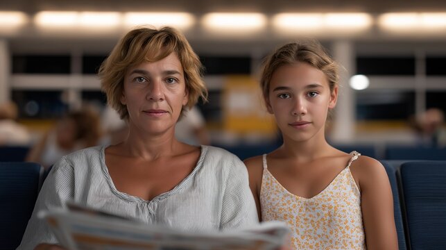 Estranged mother and adult daughter sit stiffly on hospital waiting room chairs, magazine between them, harsh fluorescent light, perfect for family therapy services, reconciliation counseling