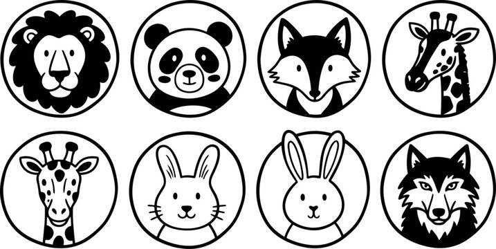 Black and white minimalist flat design animal icons featuring lion panda fox giraffe rabbit wolf faces in round frames