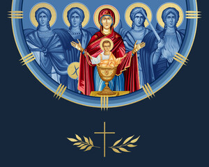 Naklejka premium Inexhaustible Cup. Blessed Virgin Mary and Jesus Christ and four cardinal points (Archangel Gabriel, Uriel, Raphael and Michael). Illustration in Byzantine style isolated