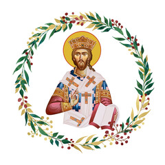 Naklejka premium Jesus Christ the greatest Bishop. Decorative vintage floral wreath, illustration in Byzantine style isolated