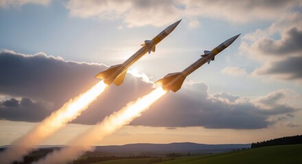 Two powerful missiles ascending into a bright, cloudy sunset sky, leaving fiery trails over green hills.