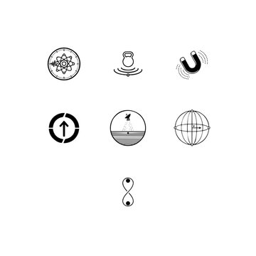 Quantum sensors and advanced metrology linear icon set, atomic clock precision, gravimetry and quantum magnetic field measurement vector symbols