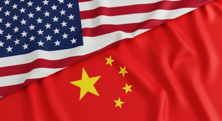 Fototapeta premium Waving flags of the United States of America and China diagonally intertwined, symbolizing international relations and global diplomacy.