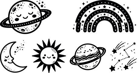 Fototapeta premium Cute kawaii style planets sun moon stars and rainbow with happy faces black and white vector art illustration