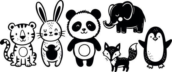Black and white line art cute tiger rabbit panda elephant fox and penguin animal characters standing in a row simple vector illustration