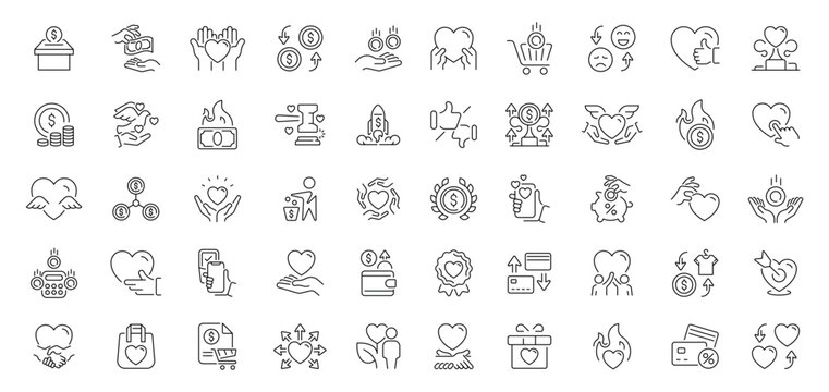 Donation and charity icons set. editable line, outline, fundraising symbols