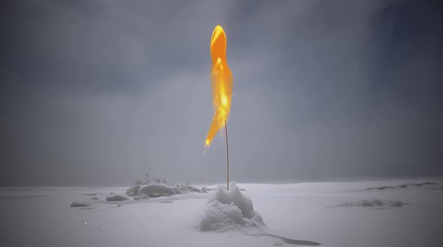 A single glowing orange flame bursts from a snowy mound symbolizing hope resilience and warmth against a stark dark winter landscape a powerful metaphor for perseverance