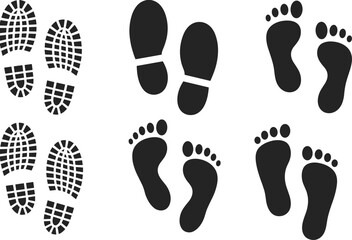 Set of Footprint Icons Shoe and Barefoot Silhouettes on White Background shoe print bare footprint