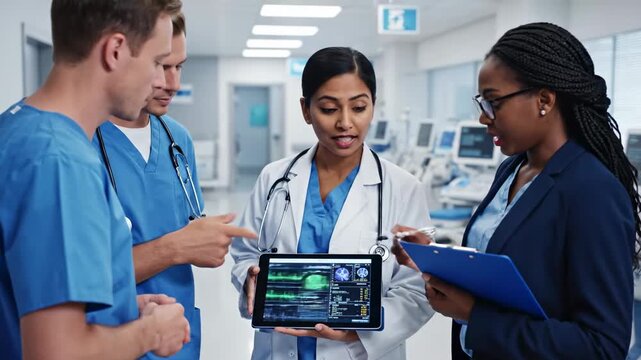Medical professionals review patient data displayed on a tablet computer in a modern hospital setting