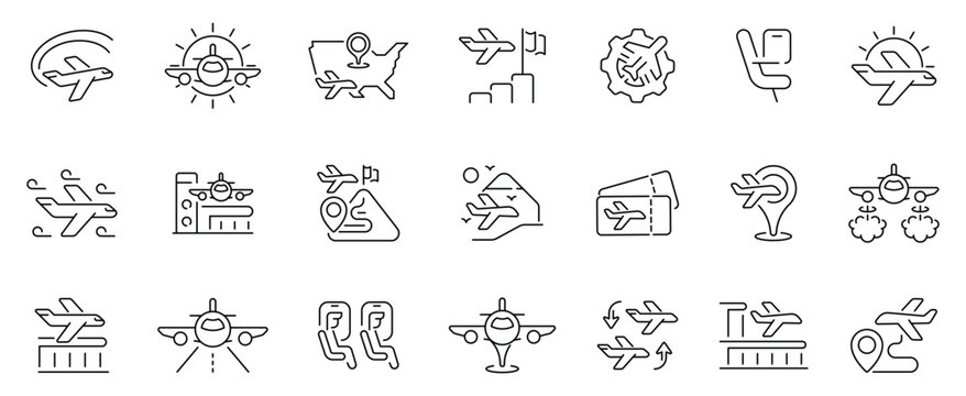 Airplane travel icons set. editable line icons, flat aviation and flight symbols