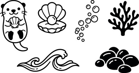 Obraz premium Minimalist black line art sea otter holding shell with pearl waves coral stones and air bubbles vector icons set