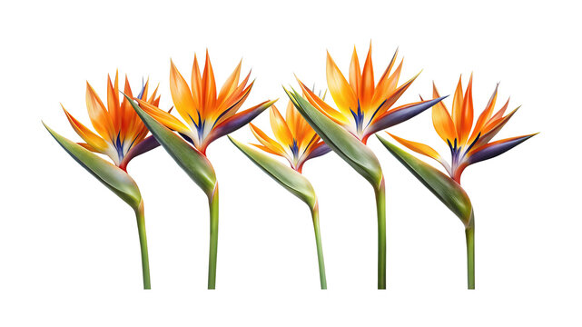 A vibrant display of Bird of Paradise flowers on a bright white background