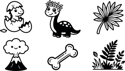 Fototapeta premium Cute smiling dinosaur hatching from egg and cartoon dinosaur with flower crown alongside happy volcano and simple floral and bone icons in black line vector art