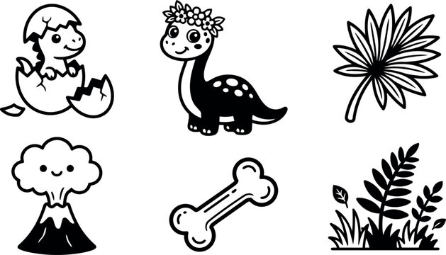 Cute smiling dinosaur hatching from egg and cartoon dinosaur with flower crown alongside happy volcano and simple floral and bone icons in black line vector art