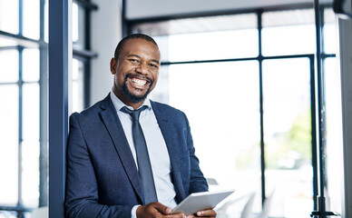 Fototapeta premium Business, man and portrait with tablet in office for legal research, online case review and planning. Attorney, mature black person or happy with tech at firm for evidence report, litigation or pride
