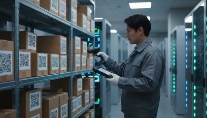 Medium shot capturing a person scanning barcodes on labeled boxes in a mixed physical and digital document storage facility.