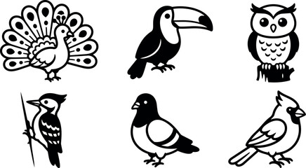 Fototapeta premium Black and white minimalist vector art of six different birds including peacock toucan owl woodpecker pigeon cardinal displaying distinct postures and details