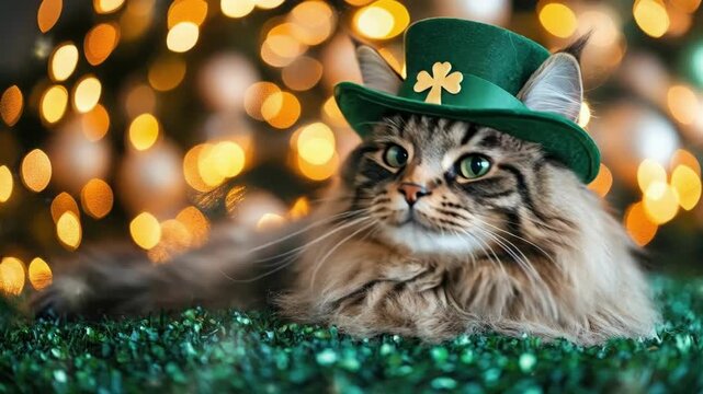 Fluffy cat in green hat celebrating st. patrick's day with bokeh lights. Saint Patrick's Day, St Paddy's Day, St Patty's Day - Irish National Holiday and Cultural Celebration