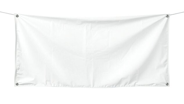 A large white fabric banner hanging on a string in a bright room