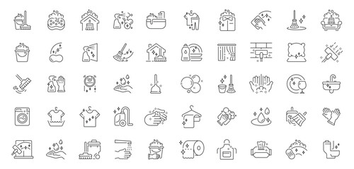Cleaning and hygiene icons set . editable line icons, outline, sanitation symbols