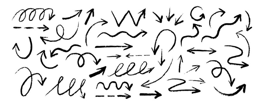 handdrawn doodle arrows set with loops zigzags curves and scribble lines isolated on white background vector illustration for highlighting directions notes social media graphics presentations 