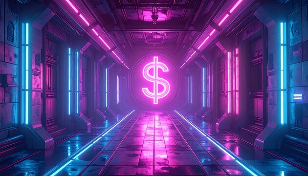 Futuristic cyber tunnel with dollar sign, neon lights reflecting on tiled floor