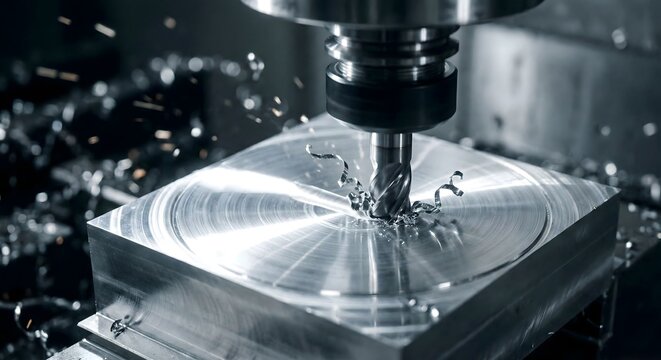 Industrial CNC milling machine precision cutting metal part in factory workshop, high-tech manufacturing process of aluminum component with end mill tool, macro engineering concept.