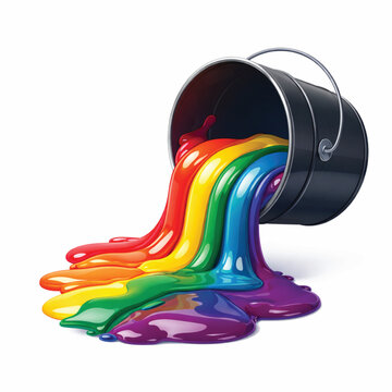 Rainbow Vibrant Paint Pouring From Black Metal Bucket Vector Illustration On White Background. Colorful Liquid Flowing Out Of Open Paint Can, Creative Art Concept, Glossy 3D Realistic Graphic Design.