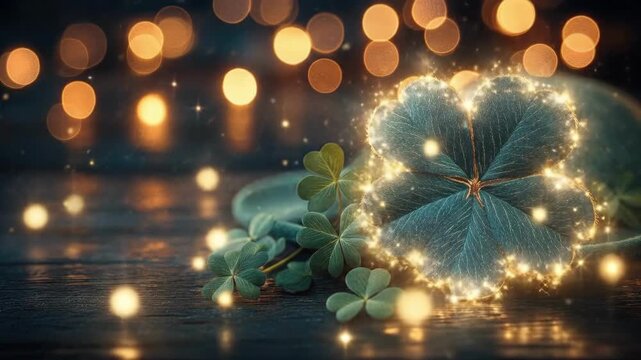 Vibrant four-leaf clover with bokeh lights on dark background. Saint Patrick's Day, St Paddy's Day, St Patty's Day - Irish National Holiday and Cultural Celebration