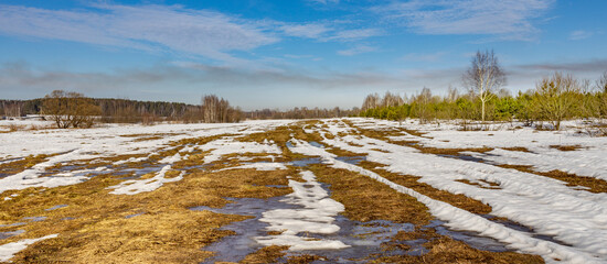 Field of snow with a few trees in the background