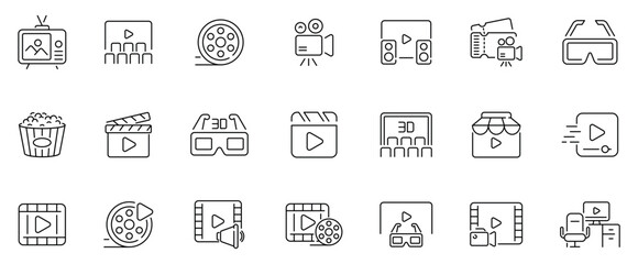 Film and media icons set. editable line icons, outline, cinema and video graphics