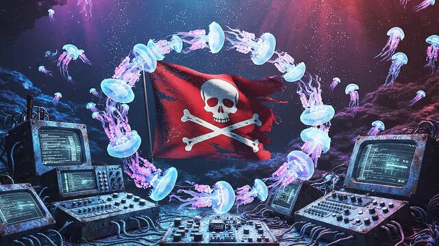 Pirate flag surrounded by jellyfish and computer equipment underwater