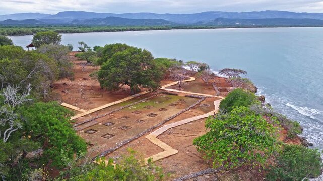 La Isabela historical ruins, first European settlement in Americas by Christopher Columbus, in Puerto Plata, Dominican Republic. Aerial forward