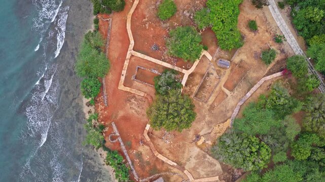 La Isabela ruins, first European settlement in the New World, in Puerto Plata, Dominican Republic. Aerial top-down forward