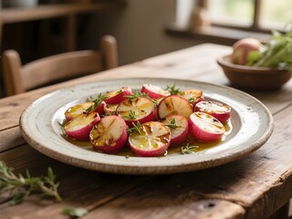 Rustic Roasted Radish with Herbs Served on Wooden Farm Table