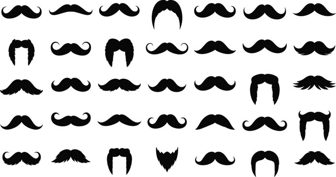 Collection of black silhouette mustaches and beards on a white background facial hair