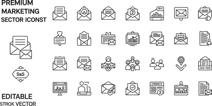 Marketing communication and email campaign line icon set with newsletter messaging CRM automation analytics and digital marketing tools