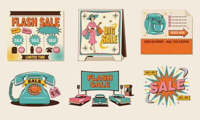 Naklejka premium retail advertising with retro rotary telephone drive-in cinema screen vintage cars and fashion shopping billboard