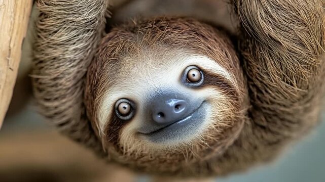 Closeup of a Sloth Hanging Upside Down.