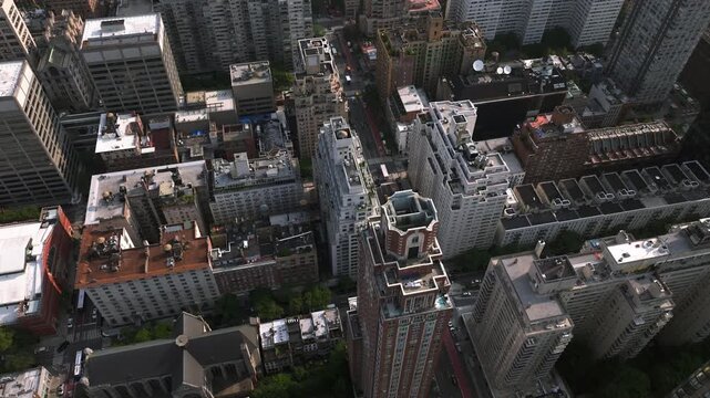 Aerial view descending in front of buildings and streets Lenox Hill, New York