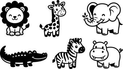 Fototapeta premium Cute black and white vector art of smiling lion giraffe elephant crocodile zebra and hippopotamus in playful cartoon style