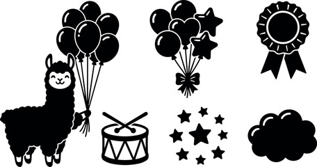 Obraz premium Cute alpaca holding balloons with star shaped balloons drum and decorative award ribbon playful silhouette flat design style set