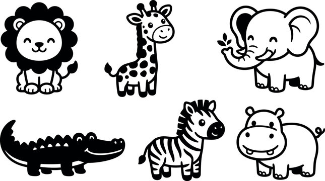 Cute black and white vector art of smiling lion giraffe elephant crocodile zebra and hippopotamus in playful cartoon style