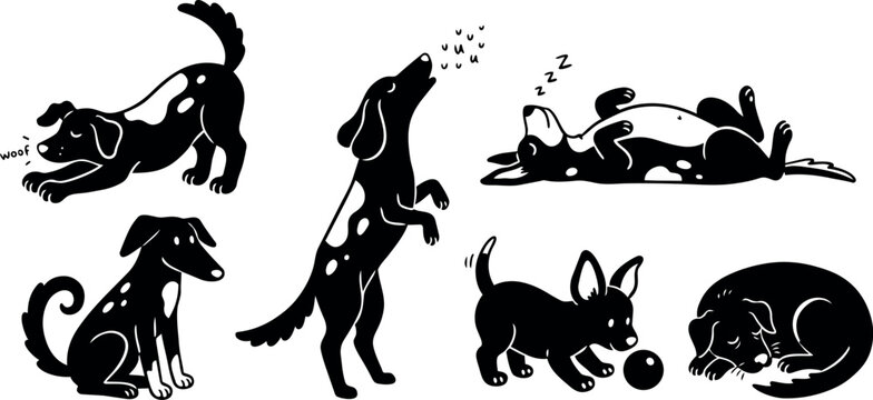 Black and white flat design playful dogs in various poses barking sleeping and playing with ball vector art