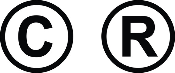 Black copyright and registered trademark symbols on white background icon sign