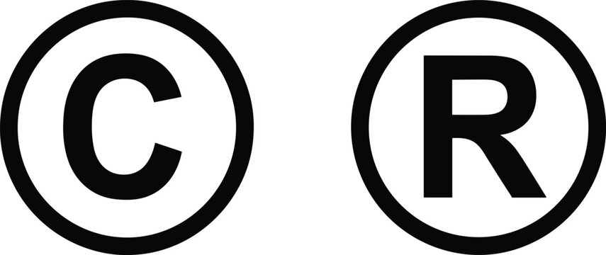 Black copyright and registered trademark symbols on white background icon sign
